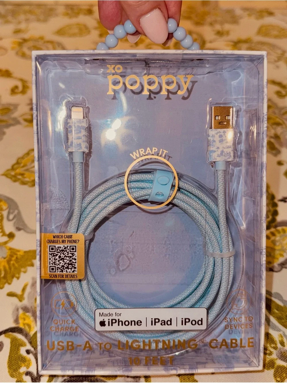 NIB🩶xo Poppy 10ft Light Blue USB-A to Lightning Braided Charging Cable - toile🩶